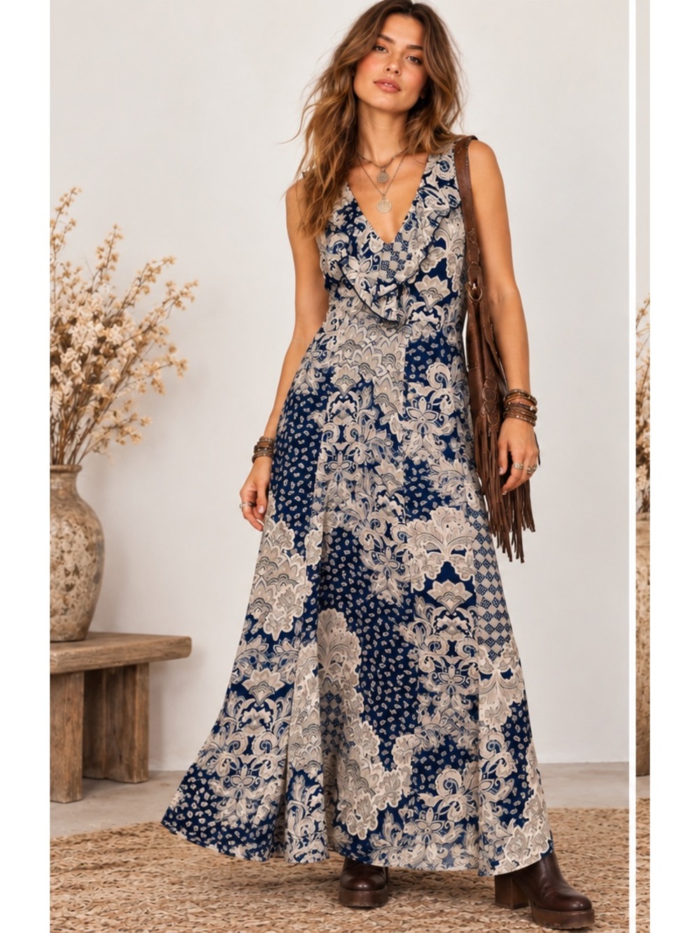 Enfocus Studio Navy & Cream Patchwork Print Sleeveless 90’s Fairy Maxi Dress Z 8